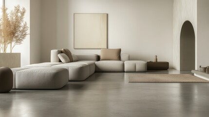 Fototapeta premium A modern minimalist living room with smooth concrete floors, muted beige accents, and a sleek modular sofa
