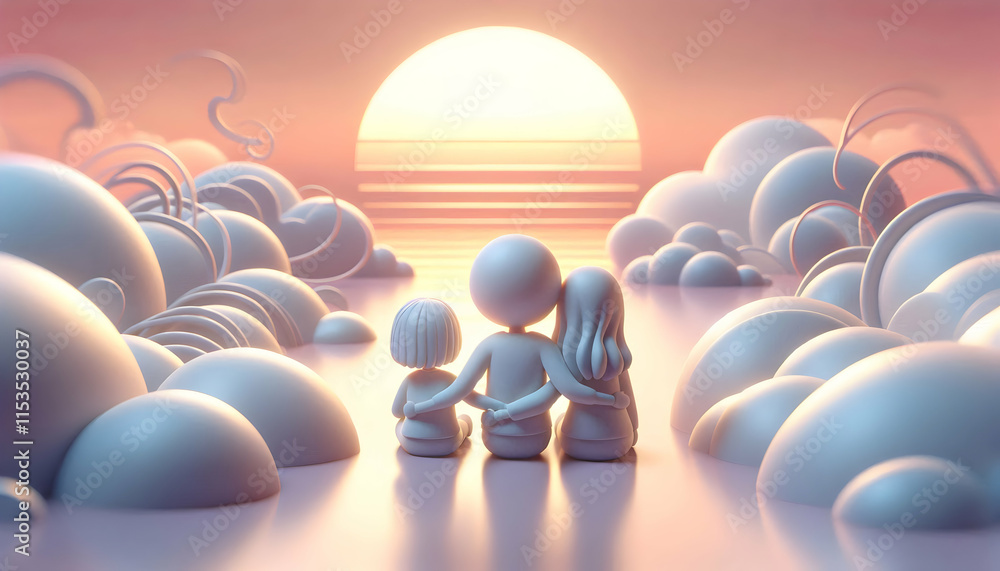 Poster 3d family sunset together calm abstract background copy space for text
