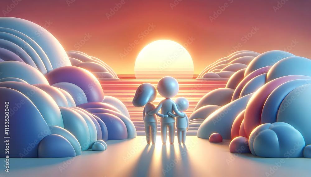 Poster 3d family watching sunset together with soft abstract background and copy space for text