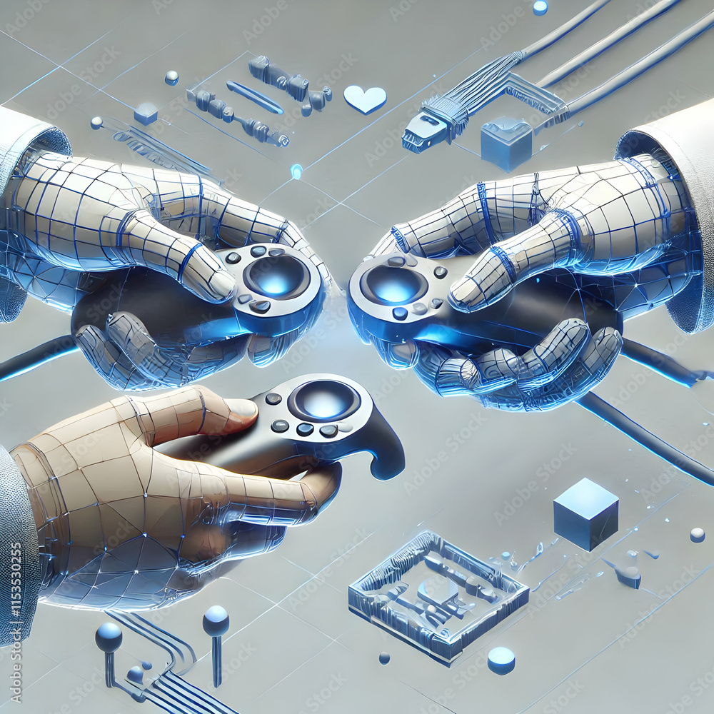 Poster 3d macro hands connecting vr controllers close-up futuristic digital interaction concept