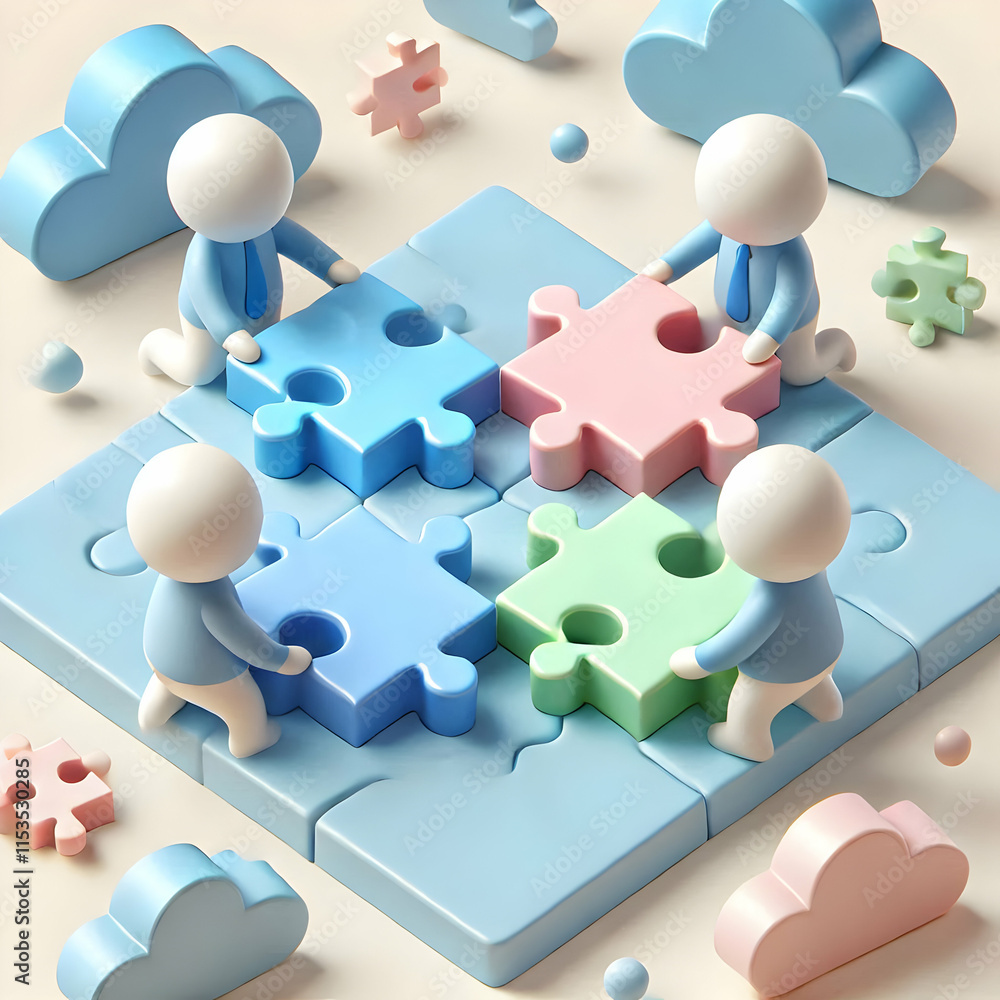 Poster 3D Soft Abstract Background Team Members Connecting Puzzle Pieces Unity Collaboration Concept with Copy Space Below
