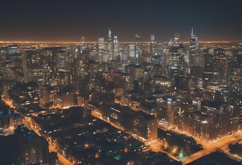 Obraz premium Nighttime cityscape illuminated with bright lights, showcasing the vibrant, glowing urban atmosphere. 