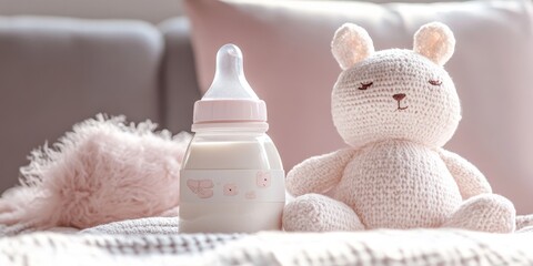 Baby girl s essentials, featuring a bottle filled with milk and a cozy soft toy, perfect for nurturing moments. This baby girl s collection showcases items that bring joy and comfort.