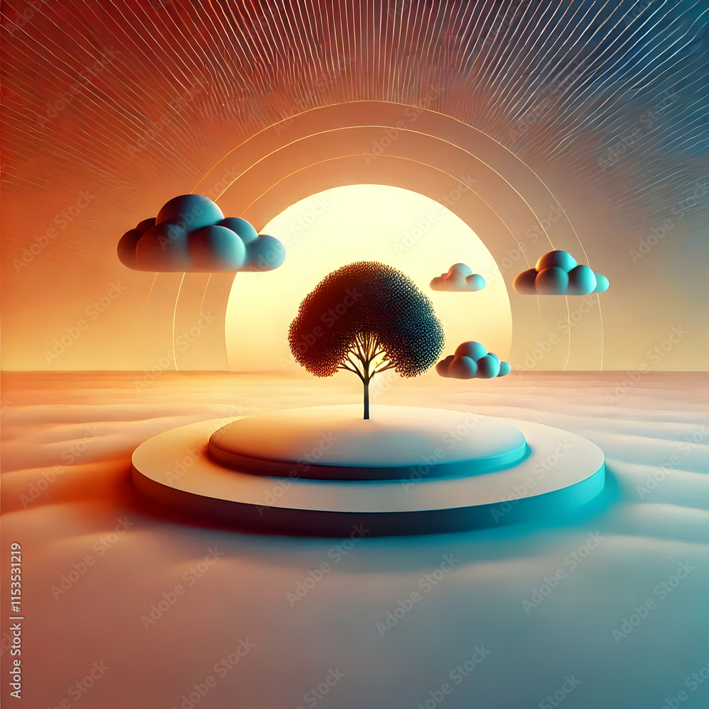 Aufkleber 3d silhouetted tree on gradient sunset background symbolizing realization and epiphany with copy spa