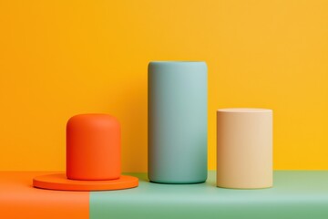 Fototapeta premium Bright, minimalist display of three geometric shapes in vibrant colors against a contrasting background.
