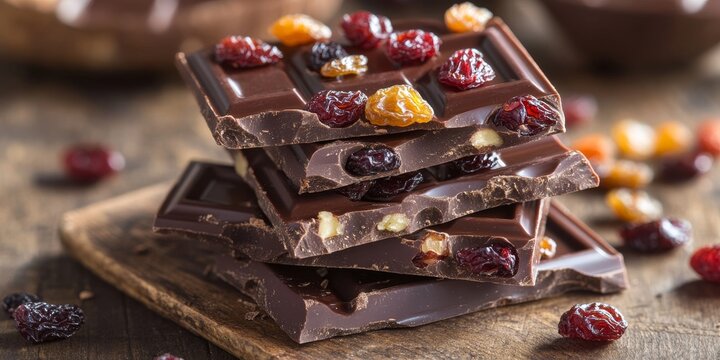 Chocolate combined with dried fruits such as raisins and cranberries creates a delightful treat. This chocolate with dried fruits offers a rich flavor and is perfect for various occasions.