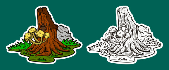 Tree Stump and Mushroom Doodle Sticker Illustration
