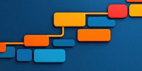Fototapeta premium A colorful abstract graphic with various rectangular shapes and lines, creating a dynamic flow against a blue background.