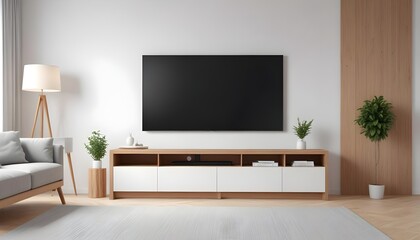 A modern living room with a large flat-screen TV mounted on the wall above a wooden TV stand