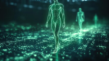 Futuristic Digital Human Figures Walking on a Grid of Data Points, Representing Advanced Technology, Virtual Reality, and Human Connectivity in a Tech-Driven World
