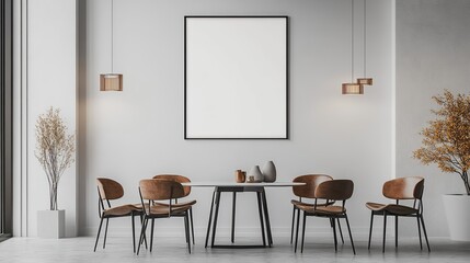 A stylish and empty dining room with a wooden table, chairs, and large windows, featuring luxury furniture and a modern interior design