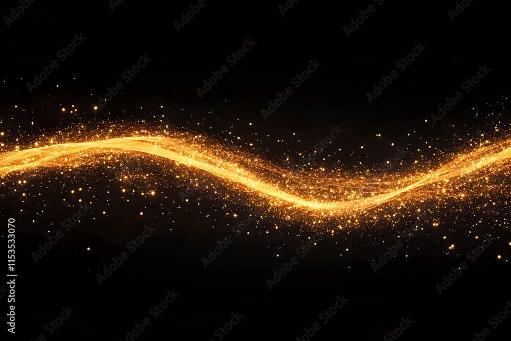 Poster golden sparkles flowing dynamically across dark background, shimmering with elegance and magic