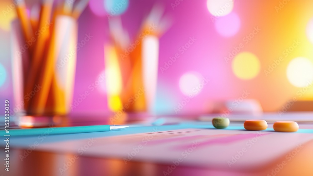 Poster A colorful workspace featuring pencils in jars and vibrant bokeh lights in the background, creating a creative and inviting atmosphere.