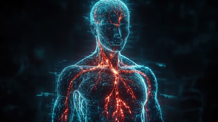 Digital representation of human anatomy showcasing a glowing network of veins and arteries against a dark background, illustrating the circulatory system and body dynamics.