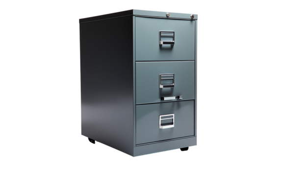 a grey file cabinet with three drawers