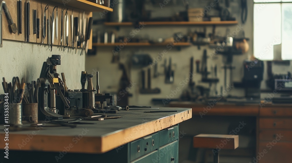 Poster A tidy metalworking setup with neatly placed tools and a workbench in a clean workshop, A well-lit space with organized shelves and minimal clutter, Minimalist craftsmanship style