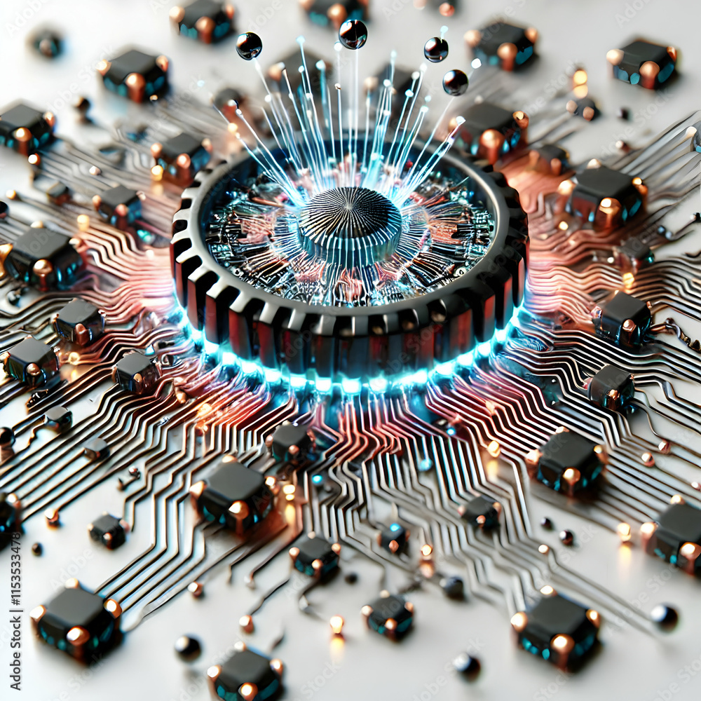 Poster 3d nano circuitry close-up: pulsing microscopic circuits in futuristic device, highlighting innovati