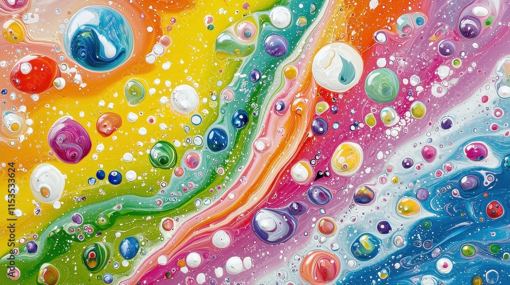 Poster abstract colorful composition with swirling shapes and bubbles on vibrant background