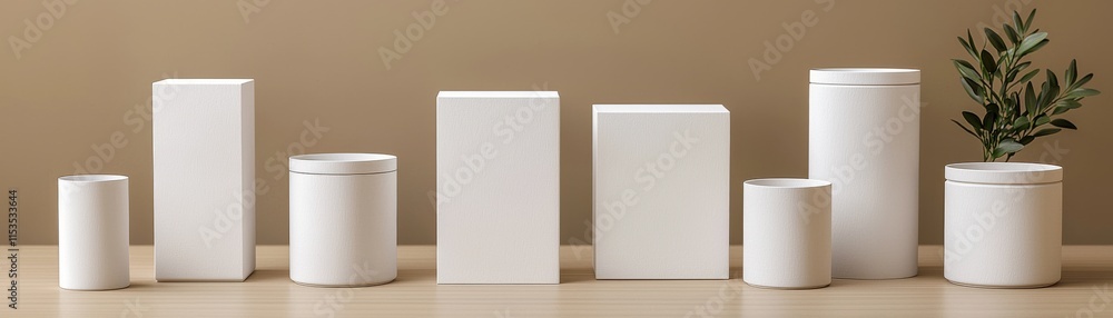 Poster a minimalist display of white containers and jars of varying shapes and sizes, arranged on a neutral