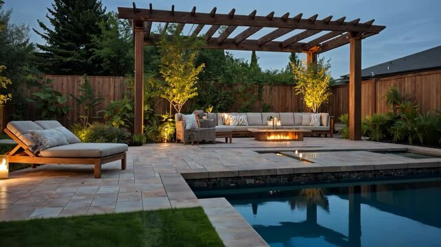 Video footage of modern backyard features a pergola covered seating area with a fire pit, surrounded by lush greenery and a pool, creating a cozy and inviting outdoor living space