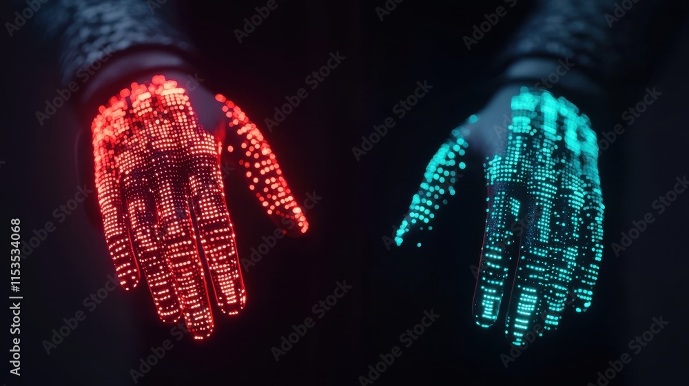 Aufkleber futuristic hands displaying red and blue light patterns for digital art concepts