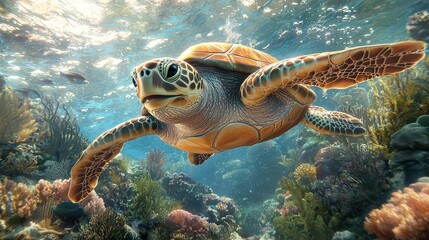 Obraz premium Majestic Sea Turtle Gracefully Swimming Through Vibrant Coral Reef Ecosystem