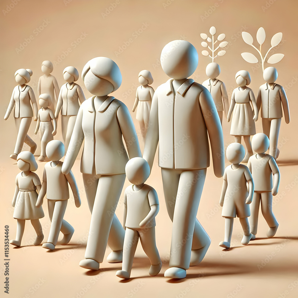 Poster 3d beige background two generations walking side by side symbolizing unity growth support image for 