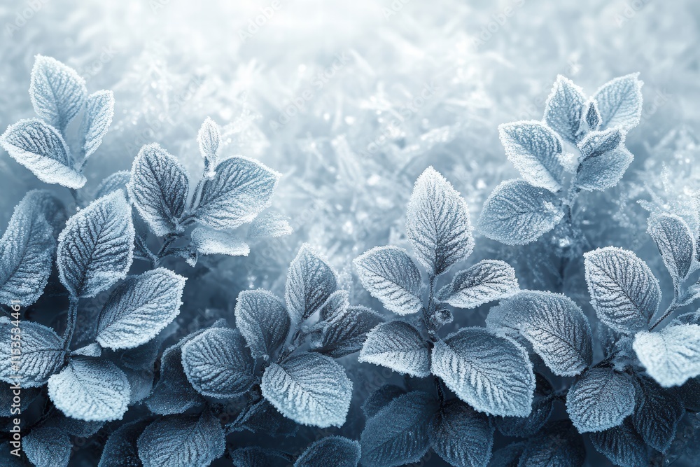Aufkleber frost-covered leaves on light gray background with delicate texture creating a serene atmosphere