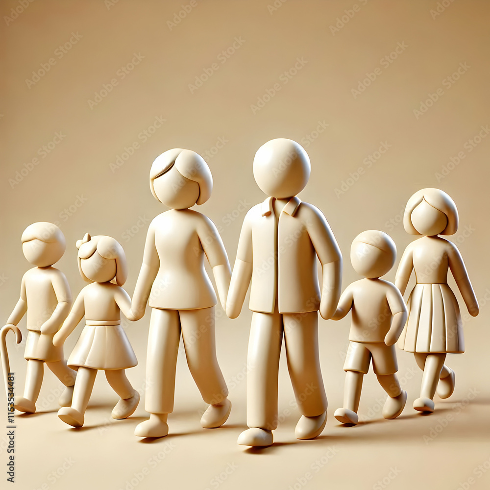 Poster 3d beige background two generations walking side by side symbolizing unity and family support