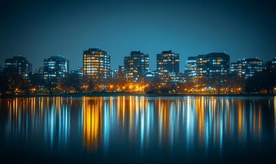 Naklejka premium Night cityscape reflected in calm water.