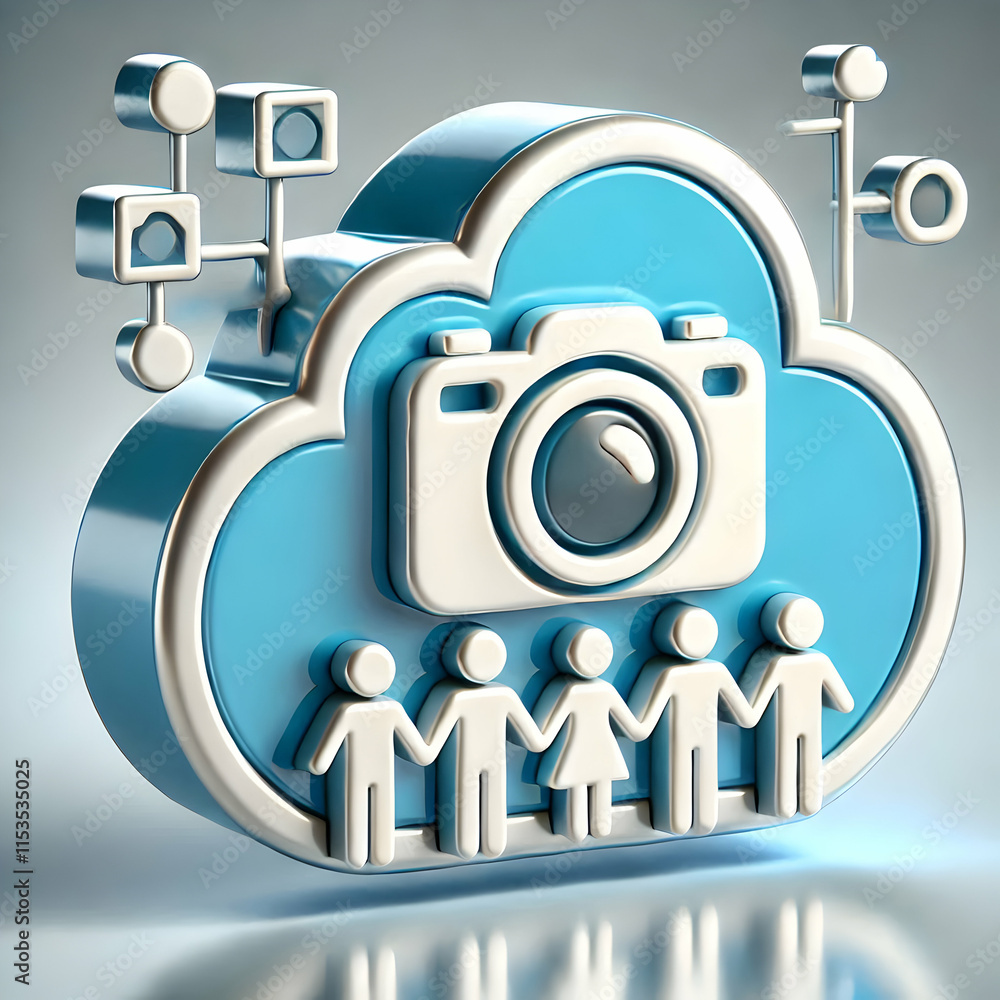 Poster 3d glossy background of a cloud icon with family figures ample copy space. concept as a stationary c