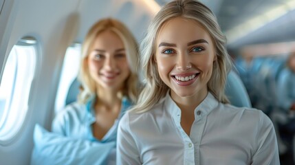 Fototapeta premium Portrait of two beautiful businesswomen looking at camera and smiling while flying in airplane