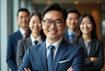 Fototapeta premium A group of smiling business professionals in suits stand together, looking confident and ready for success.