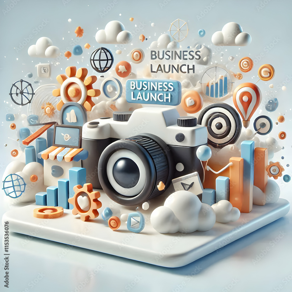 Poster 3d digital art business launch concept banner with abstract elements and bokeh effects for promotion