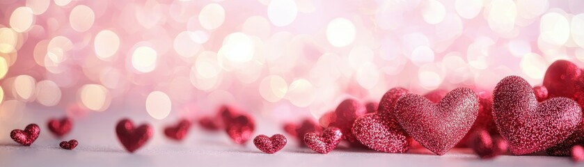 Fototapeta premium Romantic Valentine s Day Background Pink Red Glitter Hearts Love Bokeh Lights