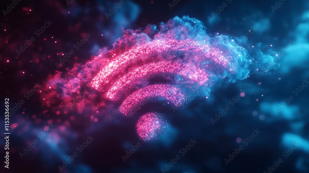 Poster vibrant wireless network symbol illuminated in colorful cloud background