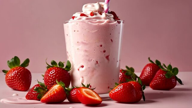 Video footage of creamy strawberry milkshake topped with whipped cream and strawberry pieces, surrounded by fresh strawberries on a pink background