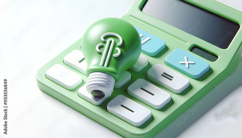 Poster 3d close up of green lightbulb icon on calculator representing sustainable budgeting concept as clos