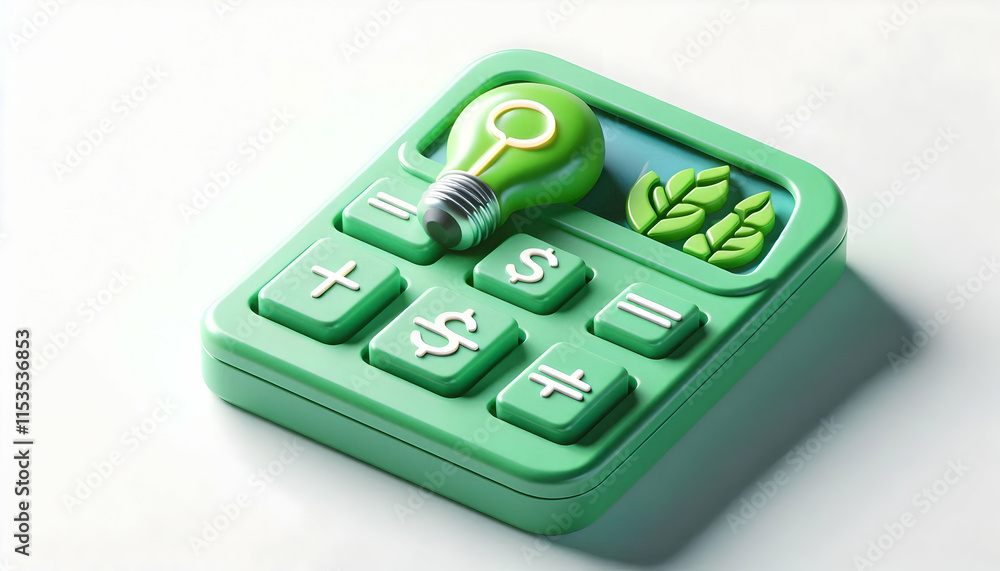 Poster 3d green lightbulb icon on calculator symbolizing sustainable budgeting concept with ample text spac