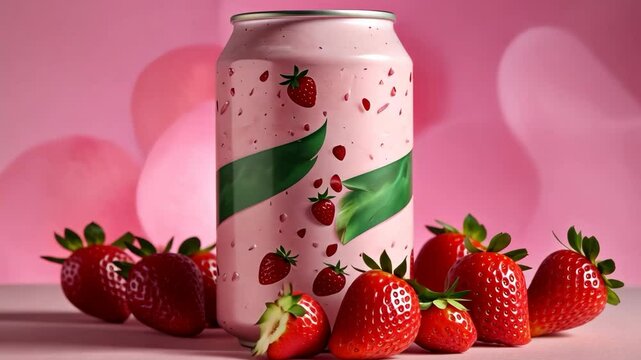 Video footage of pink soda can with strawberry graphics and a green ribbon design is surrounded by fresh strawberries on a pink background