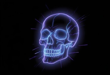 Neon skull with glowing outline against a dark background