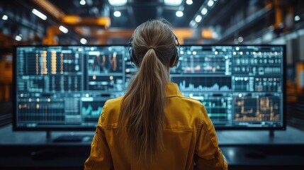 Young woman wearing headphones analyzing complex data on large screen in modern industrial workspace, focusing on digital trends and insights in technology environment