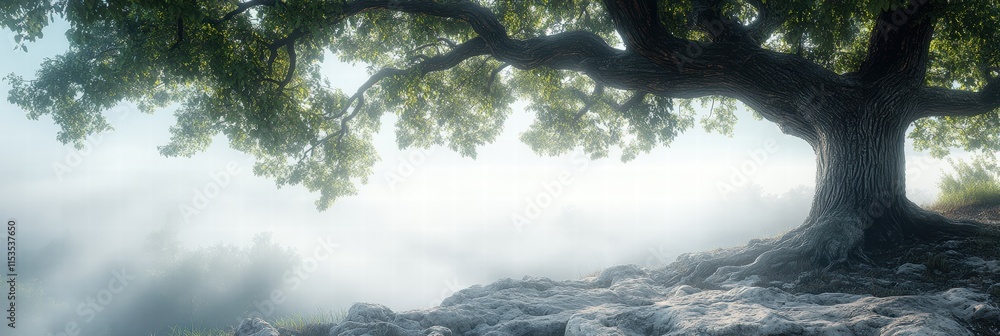Poster old oak tree stands resilient in fog with intricate bark texture and surrounding mist