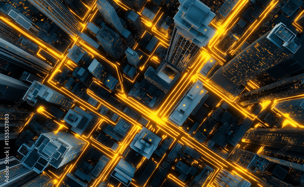 Poster an aerial view of a futuristic cityscape with glowing orange light lines running through streets, cr