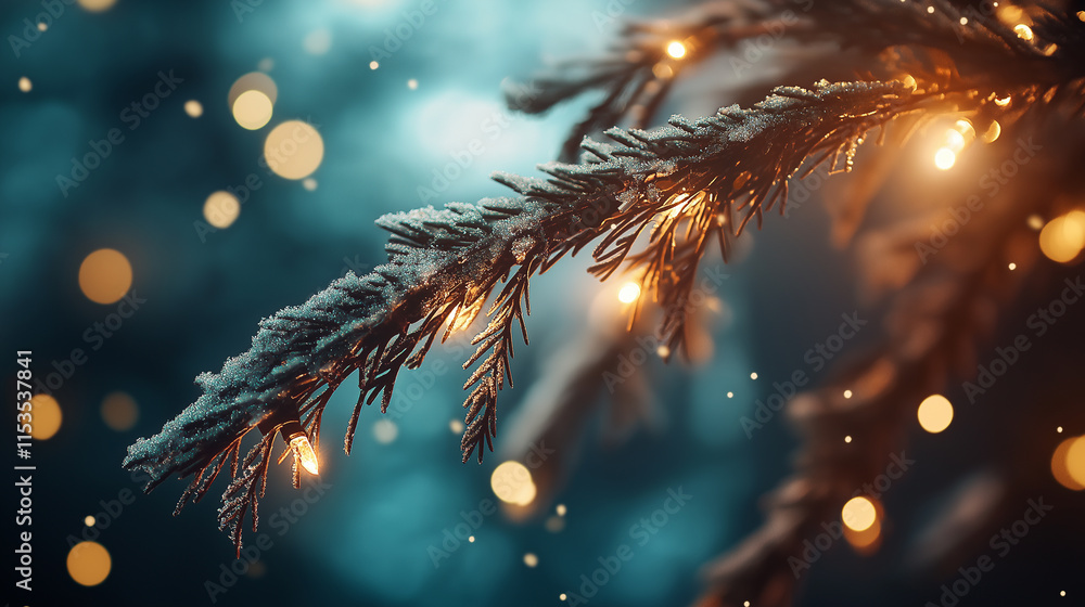 Aufkleber a frosted pine branch adorned with glowing fairy lights against a blurred bokeh background, creating