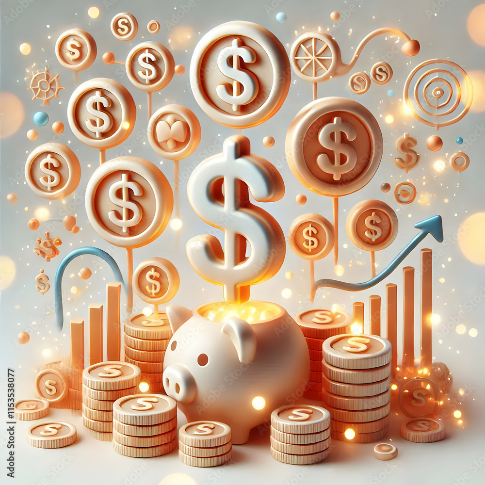 Poster 3d wealth symbols in abstract digital art with soft bokeh lights isolated on white background - doll