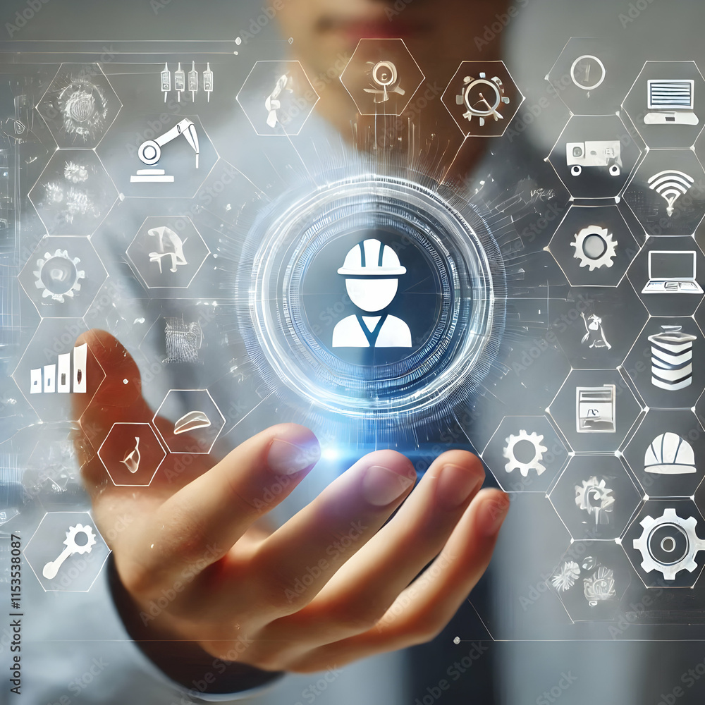 Poster 3d macro engineer hand holographic interface digital transformation copy space