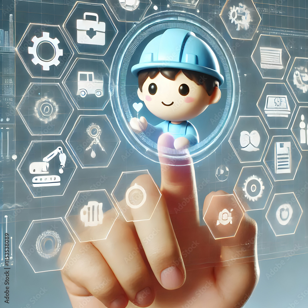 Aufkleber 3d macro shot engineer hand holographic interface visualization digital transformation copy space