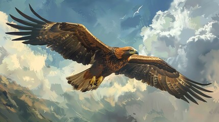 A golden eagle flying through a blue sky.