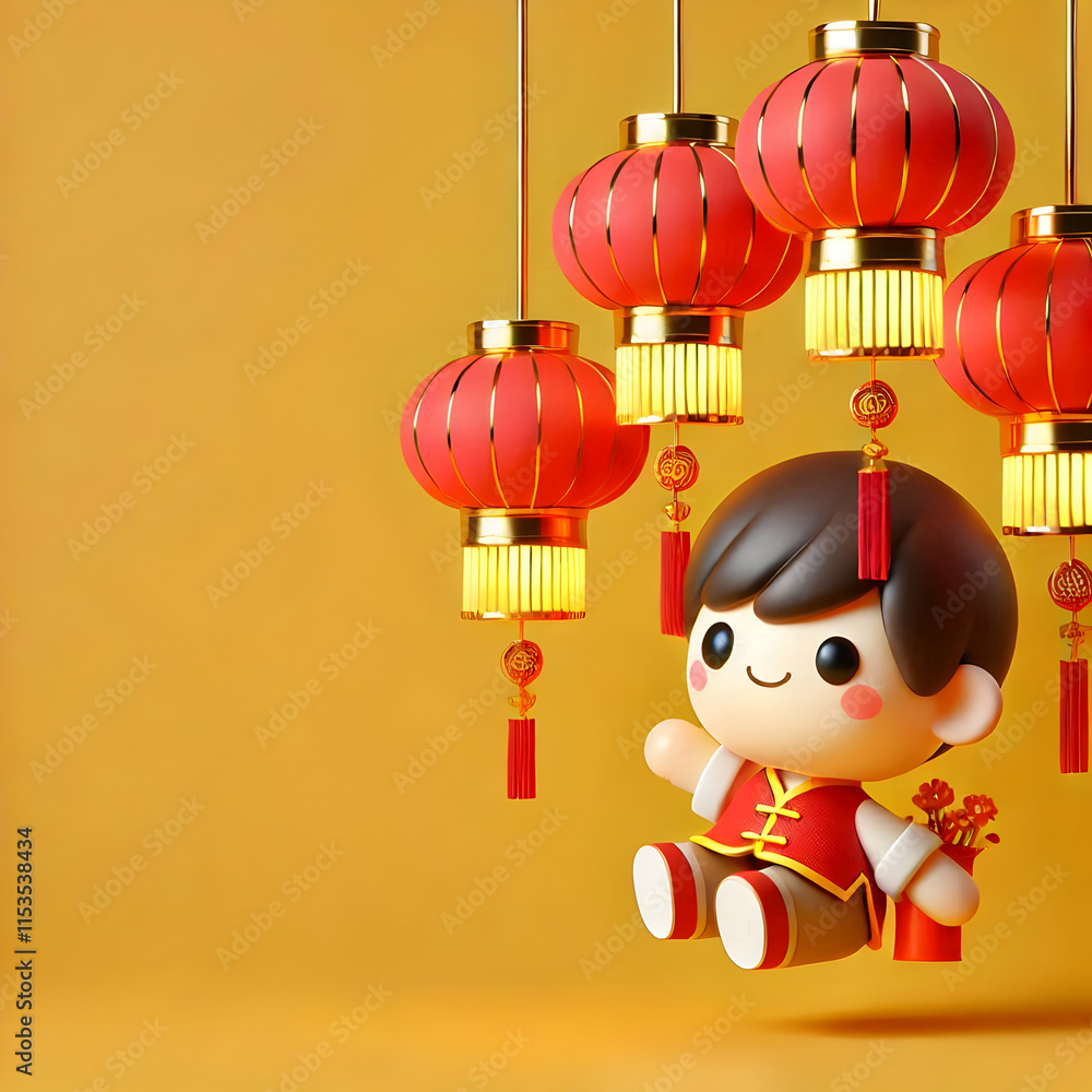 Poster 3d yellow background with red chinese lanterns and left copy space for branding or text
